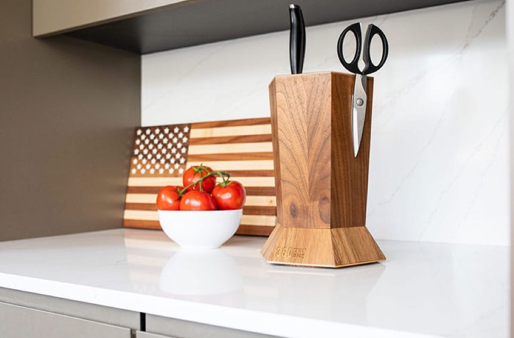 The original hourglass-shaped knife block in a kitchen